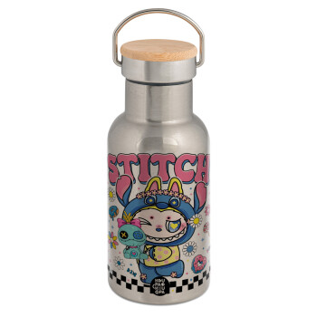 Labubu Stitch, Μεταλλικό παγούρι θερμός (Stainless steel) Ασημένιο με ξύλινο καπακι (bamboo), διπλού τοιχώματος, 350ml