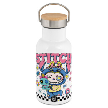 Labubu Stitch, Μεταλλικό παγούρι θερμός (Stainless steel) Λευκό με ξύλινο καπακι (bamboo), διπλού τοιχώματος, 350ml