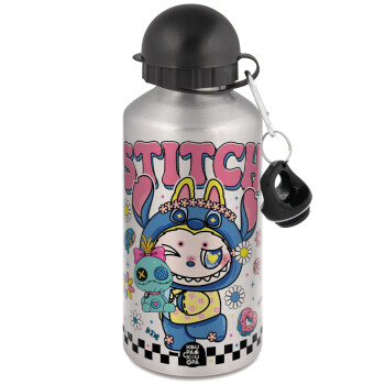 Labubu Stitch, Μεταλλικό παγούρι νερού, Ασημένιο, αλουμινίου 500ml