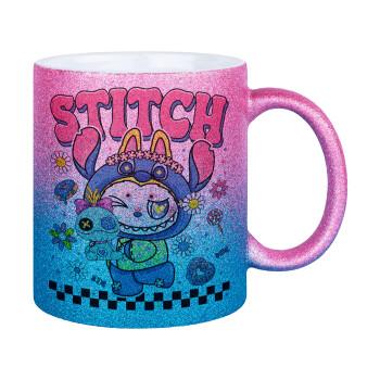 Labubu Stitch, Κούπα Χρυσή/Μπλε Glitter, κεραμική, 330ml