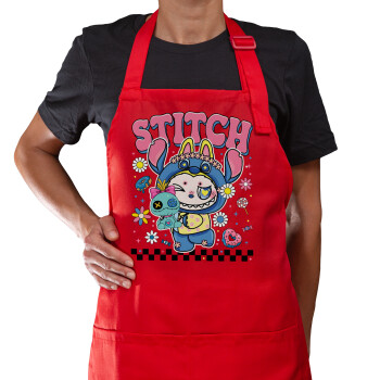 Labubu Stitch, Ποδιά Μακριά Σεφ ολόσωμη με τσέπες Κόκκινη (ΕΝΗΛΙΚΩΝ)