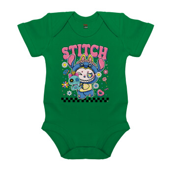 Labubu Stitch, Βρεφικό φορμάκι μωρού, ΠΡΑΣΙΝΟ, 100% Organic Cotton, κοντομάνικο