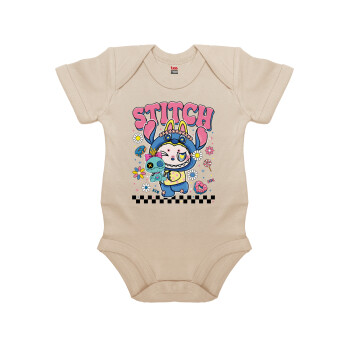 Labubu Stitch, Βρεφικό φορμάκι μωρού, 0-18 μηνών, Natural (Εκρού), 100% Organic Cotton, κοντομάνικο