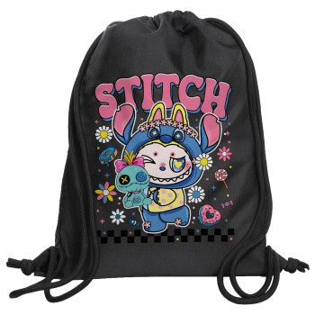 Labubu Stitch, Backpack pouch GYMBAG Black, with pocket (40x48cm) & thick cords