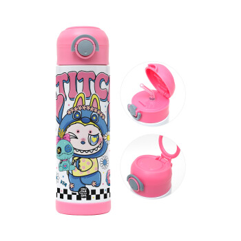 Labubu Stitch, Παιδικό παγούρι θερμό, ανοξείδωτο, με καλαμάκι ασφαλείας, ΡΟΖ (500ml)