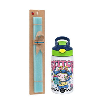 Labubu Stitch, Easter Set, Children's thermal stainless steel bottle with safety straw, green/blue (350ml) & aromatic flat Easter candle (30cm) (TURQUOISE)