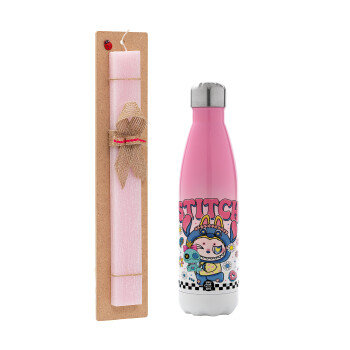 Labubu Stitch, Πασχαλινή Λαμπάδα με Μεταλλικό παγούρι θερμός Ροζ/Λευκό (Stainless steel), διπλού τοιχώματος, 500ml & κερί αρωματικό πλακέ (30cm) (ΡΟΖ)