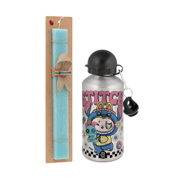 Labubu Stitch, Πασχαλινή Λαμπάδα με παγούρι μεταλλικό Ασημένιο αλουμινίου (500ml) & κερί αρωματικό πλακέ (30cm) (ΤΙΡΚΟΥΑΖ)