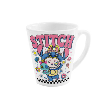 Labubu Stitch, Κούπα κωνική Latte Λευκή, κεραμική, 300ml