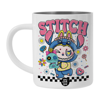 Labubu Stitch, Λευκή Ανοξείδωτη Μεταλλική Κούπα 450ml - Διπλού Τοιχώματος 