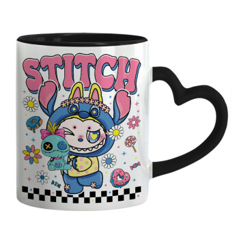 Labubu Stitch, Mug heart black handle, ceramic, 330ml