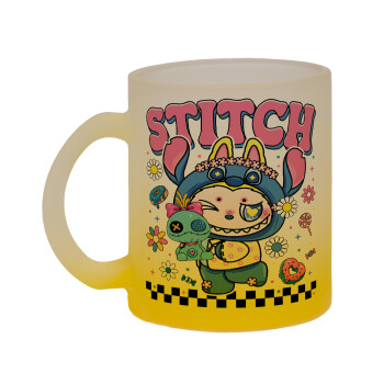 Labubu Stitch, Κούπα γυάλινη δίχρωμη με βάση το κίτρινο ματ, 330ml