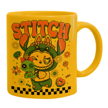 Labubu Stitch, Κούπα, κεραμική κίτρινη, 330ml
