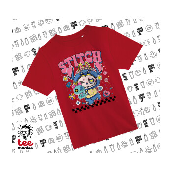 Labubu Stitch, Άνετο παιδικό T-Shirt ΚΟΚΚΙΝΟ από 100% βαμβάκι, για κάθε μέρα. Vegan & OEKO-TEX πιστοποιημένο.