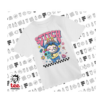 Labubu Stitch, Άνετο παιδικό T-Shirt ΛΕΥΚΟ από 100% βαμβάκι, για κάθε μέρα. Vegan & OEKO-TEX πιστοποιημένο.