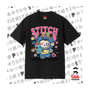 Labubu Stitch, Κλασικό T-Shirt, διπλής ραφής, χωρίς πλευρικές ραφές ΜΑΥΡΟ από 100% βαμβάκι. Vegan & OEKO-TEX πιστοποιημένο.