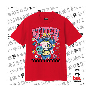 Labubu Stitch, Κλασικό T-Shirt, διπλής ραφής, χωρίς πλευρικές ραφές ΚΟΚΚΙΝΟ από 100% βαμβάκι. Vegan & OEKO-TEX πιστοποιημένο.