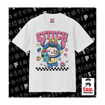 Labubu Stitch, Κλασικό T-Shirt, διπλής ραφής, χωρίς πλευρικές ραφές ΛΕΥΚΟ από 100% βαμβάκι. Vegan & OEKO-TEX πιστοποιημένο.