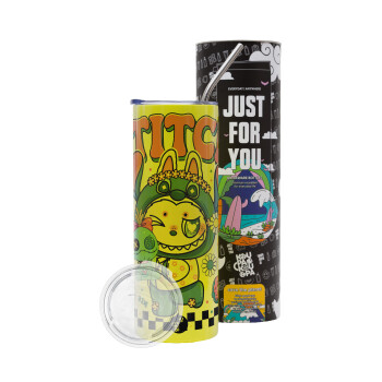 Labubu Stitch, Neon Yellow Travel Tumbler, with metal straw (Stainless steel 304 Food grade, BPA free, 600ml)