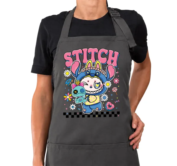 Labubu Stitch — GREY Ποδιά μαγειρικής μακριά Σεφ με τσέπες (ΕΝΗΛΙΚΩΝ, ΓΚΡΙ)