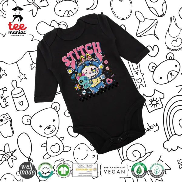 Labubu Stitch — Μακρυμάνικο βρεφικό φορμάκι, 0-18 μηνών, ΜΑΥΡΟ, 100% Organic Cotton