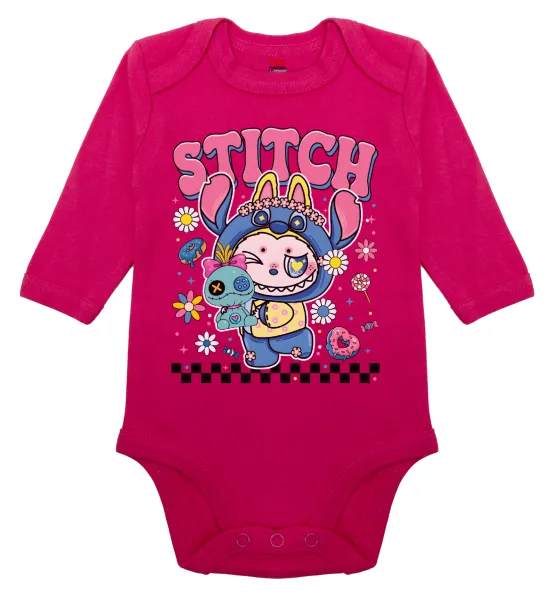 Labubu Stitch — Μακρυμάνικο βρεφικό φορμάκι, 0-18 μηνών, ΡΟΖ, 100% Organic Cotton