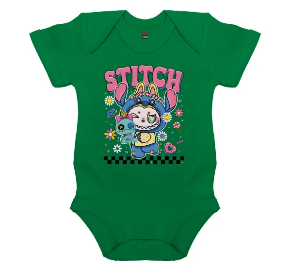 Labubu Stitch — Short-sleeve baby bodysuit, GREEN, 100% organic cotton