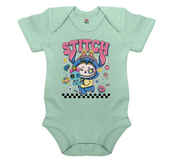 Labubu Stitch — Βρεφικό φορμάκι μωρού, 0-18 μηνών, mint, 100% Organic Cotton, κοντομάνικο