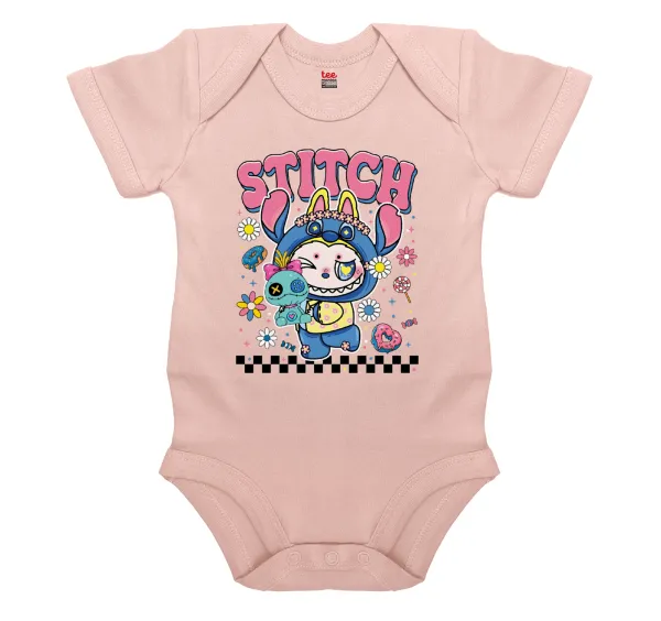 Labubu Stitch — Short-sleeve baby bodysuit, 0-18 months, POWDER PINK, 100% organic cotton