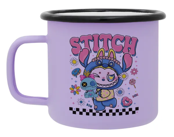Labubu Stitch — Metal enamel mug, matte light pastel purple, 360ml