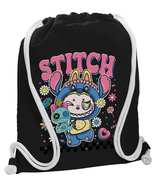 Labubu Stitch — Τσάντα πλάτης πουγκί GYMBAG Μαύρη, με τσέπη (40x48cm) & χονδρά λευκά κορδόνια