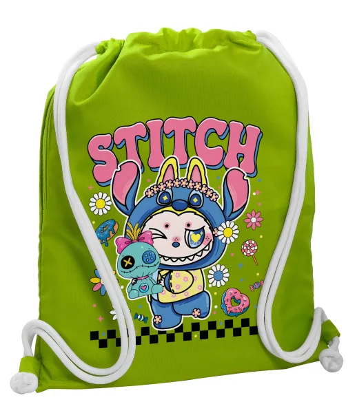 Labubu Stitch — Τσάντα πλάτης πουγκί GYMBAG LIME GREEN, με τσέπη (40x48cm) & χονδρά κορδόνια