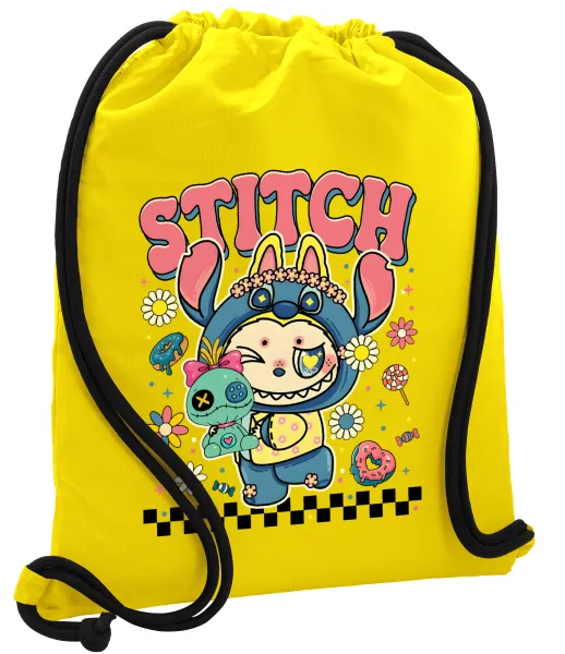 Labubu Stitch — Τσάντα πλάτης πουγκί GYMBAG Κίτρινη, με τσέπη (40x48cm) & χονδρά κορδόνια