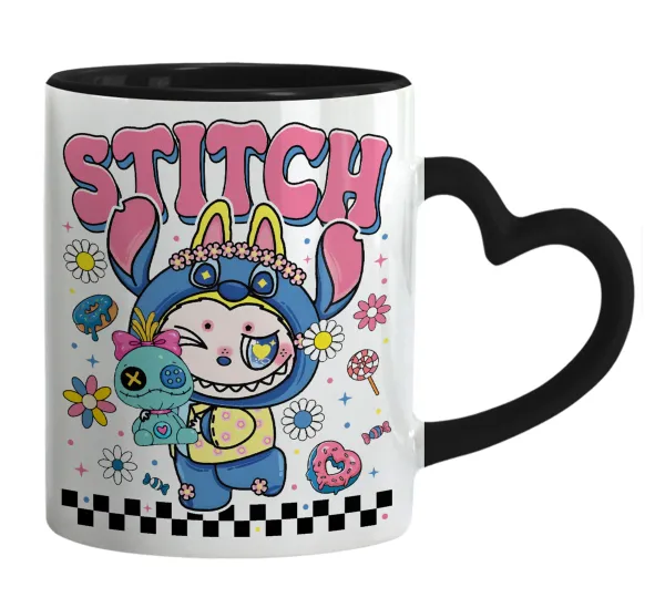 Labubu Stitch — Mug heart black handle, ceramic, 330ml