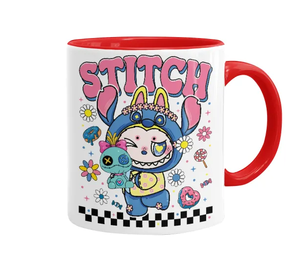 Labubu Stitch — Κούπα χρωματιστή κόκκινη, κεραμική, 330ml