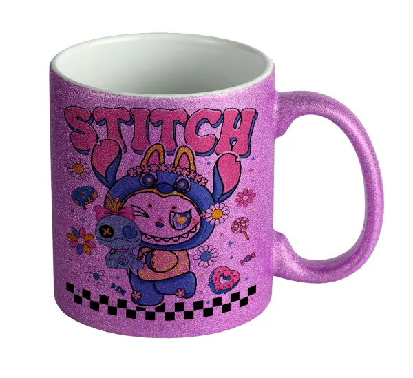 Labubu Stitch — Κούπα Μωβ Glitter που γυαλίζει, κεραμική, 330ml