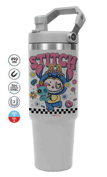 Labubu Stitch — ΓΚΡΙ Travel Tumbler Θερμός με χερούλι και καλαμάκι 890ml