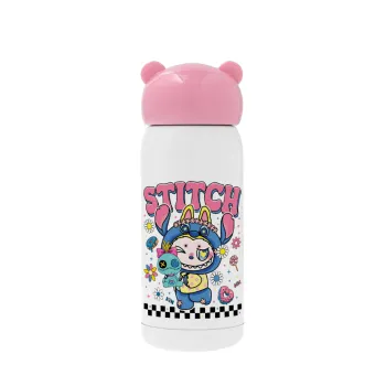 Labubu Stitch, Pink stainless steel thermal flask, 320ml