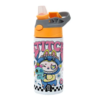 Labubu Stitch, Παιδικό παγούρι θερμό, ανοξείδωτο, με καλαμάκι ασφαλείας, Πορτοκαλί/Γκρι (360ml) BPA-FREE