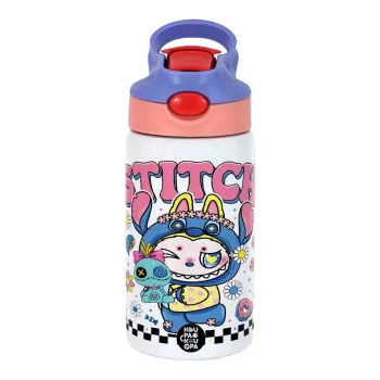 Labubu Stitch, Παιδικό παγούρι θερμό, ανοξείδωτο, με καλαμάκι ασφαλείας, ροζ/μωβ (350ml)