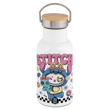 Labubu Stitch, Μεταλλικό παγούρι θερμός (Stainless steel) Λευκό με ξύλινο καπακι (bamboo), διπλού τοιχώματος, 350ml