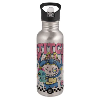 Labubu Stitch, Water bottle Silver with straw, stainless steel 600ml