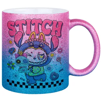 Labubu Stitch, Κούπα Χρυσή/Μπλε Glitter, κεραμική, 330ml