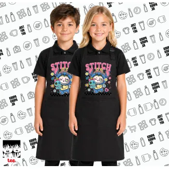 Labubu Stitch, Μαύρη ΠΑΙΔΙΚΗ Ποδιά μακριά Σεφ ολόσωμη με τσέπες