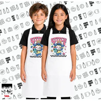 Labubu Stitch, Λευκή ΠΑΙΔΙΚΗ Ποδιά μακριά Σεφ ολόσωμη με τσέπες