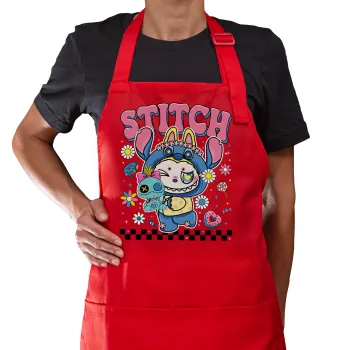 Labubu Stitch, Ποδιά Μακριά Σεφ ολόσωμη με τσέπες Κόκκινη (ΕΝΗΛΙΚΩΝ)