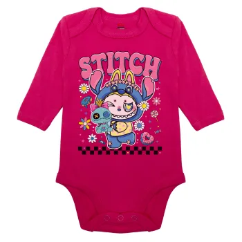 Labubu Stitch, Μακρυμάνικο βρεφικό φορμάκι, 0-18 μηνών, ΡΟΖ, 100% Organic Cotton