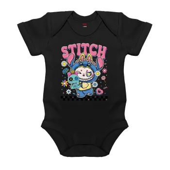 Labubu Stitch, Βρεφικό φορμάκι μωρού, 0-18 μηνών, ΜΑΥΡΟ, 100% Organic Cotton, κοντομάνικο
