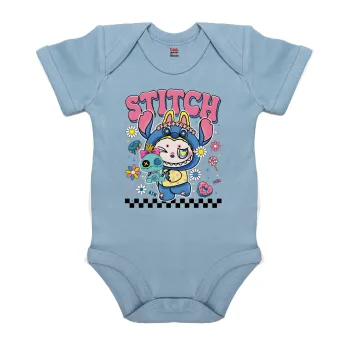 Labubu Stitch, Βρεφικό φορμάκι μωρού, 0-18 μηνών, Μπλε, 100% Organic Cotton, κοντομάνικο
