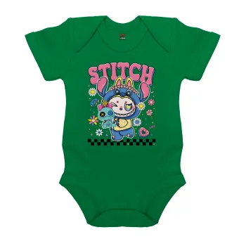 Labubu Stitch, Βρεφικό φορμάκι μωρού, ΠΡΑΣΙΝΟ, 100% Organic Cotton, κοντομάνικο